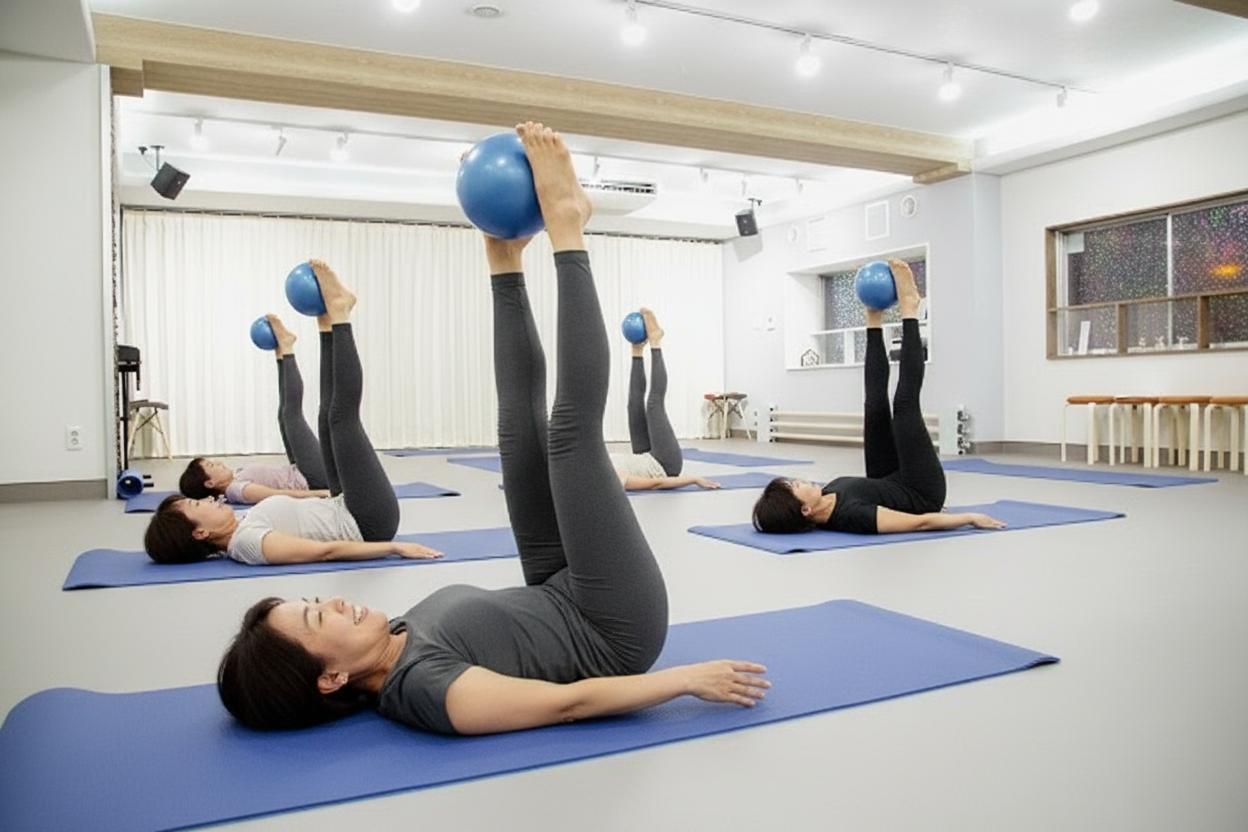 脚は真っすぐ伸ばし、両足首で青い20CMのピラティスボールの真ん中をバランスよく挟みます。腕は体側に下ろし、手のひらを下に向けましょう。脚を30度の高さまで持ち上げる。インナーマッスルを鍛える女性5人組。 表情は辛そうにしている人、笑顔の人もいる。